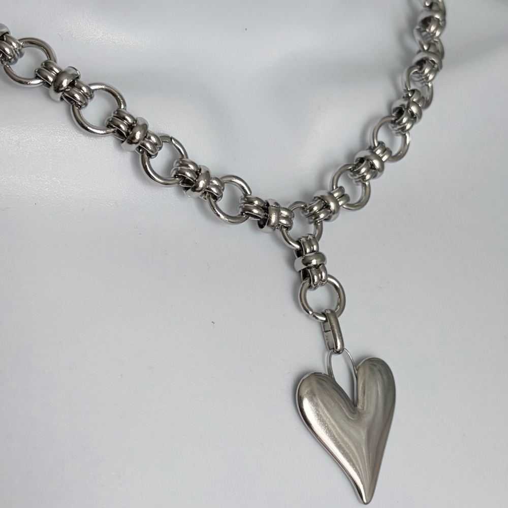 Stainless Steel Heart Drop Chain Necklace - Silver Tone